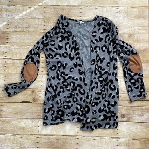 White Birch Animal Print Cardigan with Arm Patches - black/gray